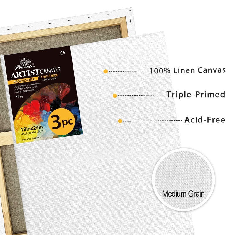 PHOENIX Large Belgian Linen Canvas for Oil Painting - 18x24 Inch/3 Pack Medium Texture, 3/4 Inch Profile - 13 Oz Triple Primed Blank Professional Stretched Archival Canvases for Acrylic Paints - Image 2